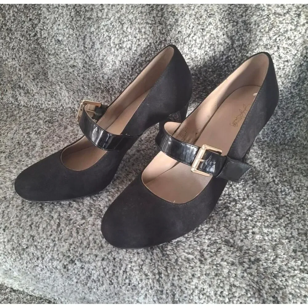 Vintage Jaclyn Smith Mary Jane Buckle Heel Pump Shoe Black 9M Dark Academia Goth